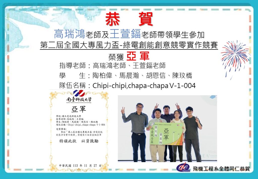 恭賀本系王萱鍢老師帶領學生參加第二十屆教育部數位訊號處理創思設計競賽-Mocrochip數位訊號處理應用組榮獲第二名