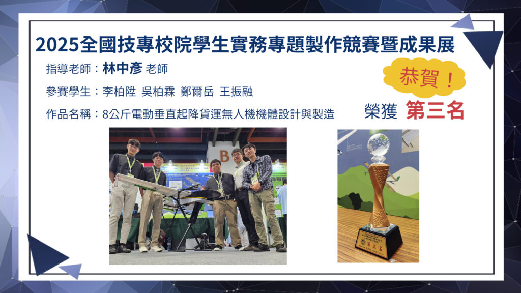 恭賀本系林中彥老師帶領學生參加2025全國技專校院學生實務專題製作競賽暨成果展榮獲第三名